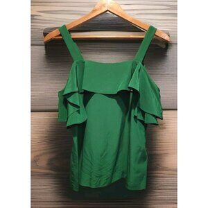 NWOT J Crew 100% Silk Emerald Green Ruffle Cold Shoulder Cami Top Sz 0 Holiday